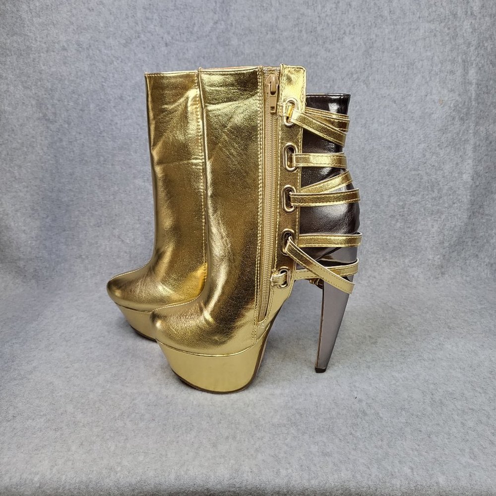 ☆ Mona Mia Amarante Gold Pewter Multiple Strap Banana Curved Heel Ankle Boot